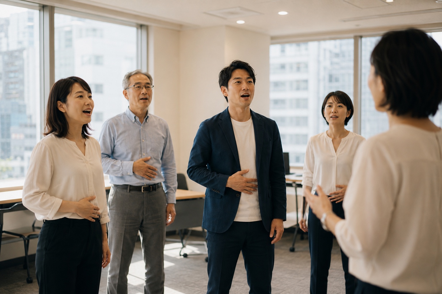 法人研修で発声を練習するビジネスチーム