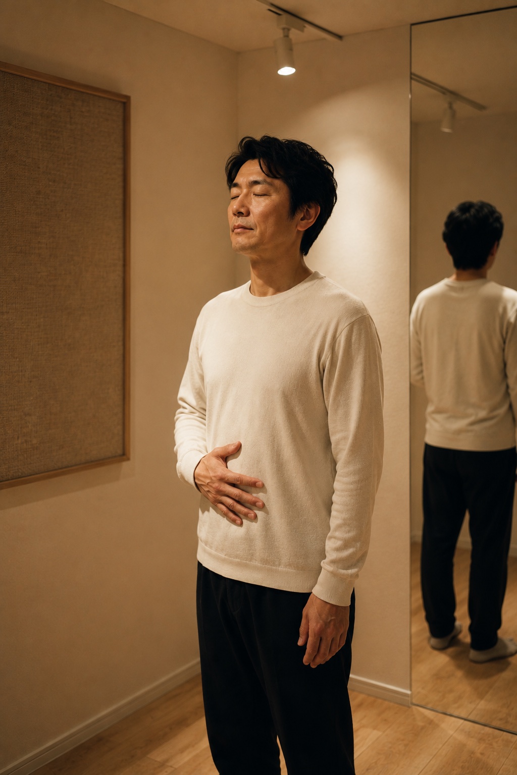 腹に手を当て、深い呼吸から声づくりを整える受講者