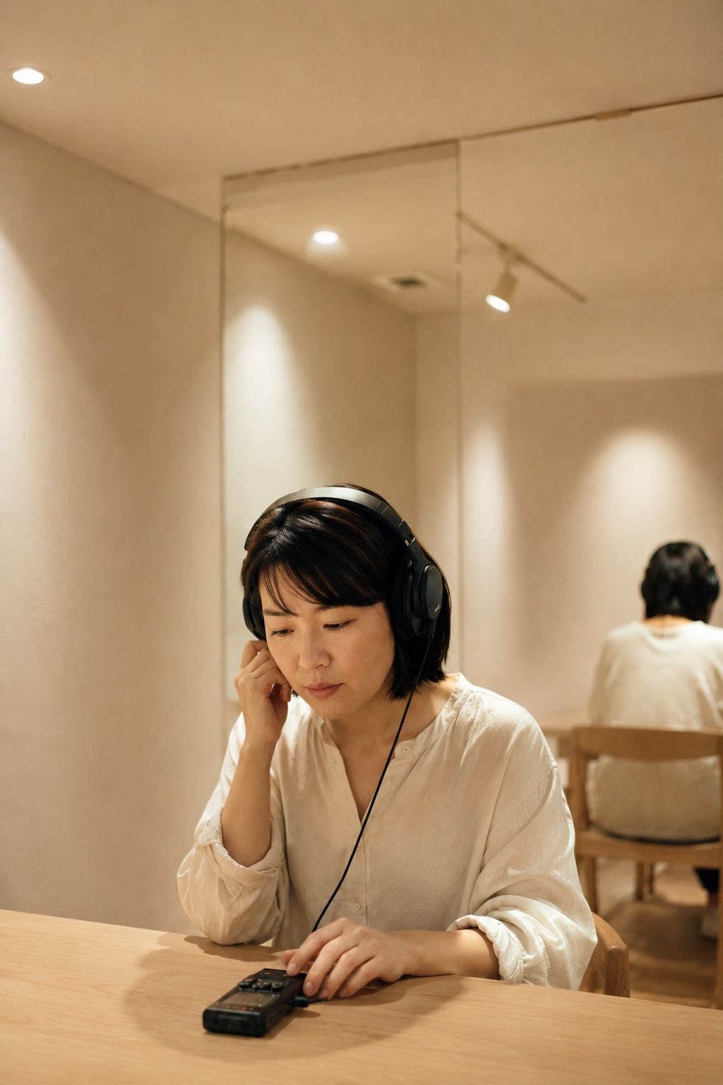 ヘッドホンで自分の録音した声を客観的に聴く受講者