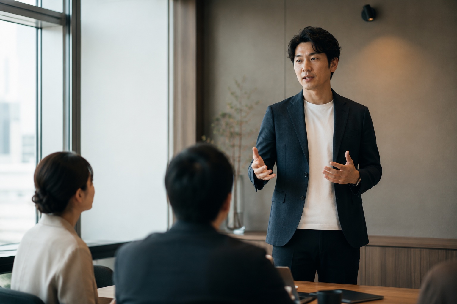 会議室で堂々と話すビジネスパーソン